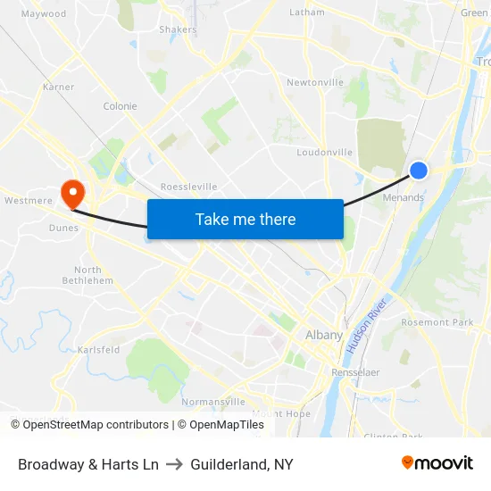 Broadway & Harts Ln to Guilderland, NY map