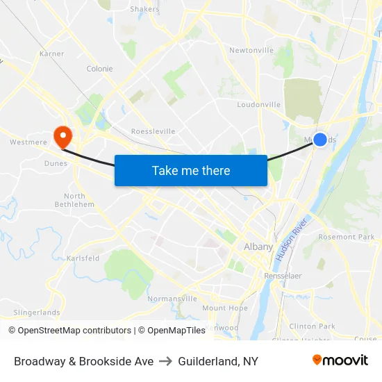 Broadway & Brookside Ave to Guilderland, NY map