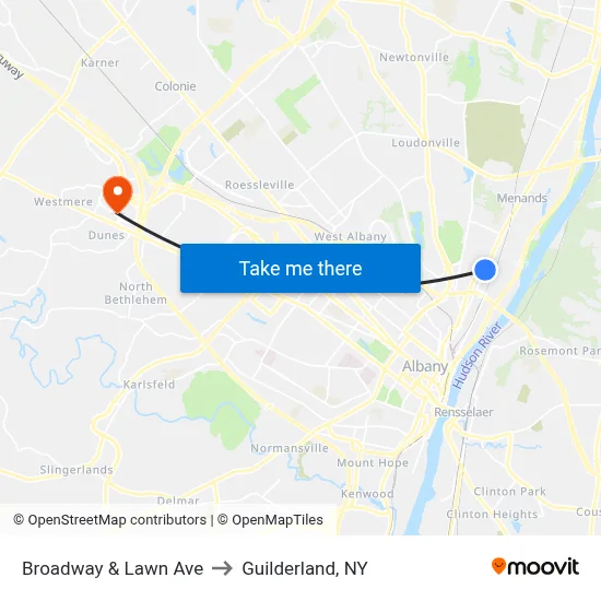 Broadway & Lawn Ave to Guilderland, NY map