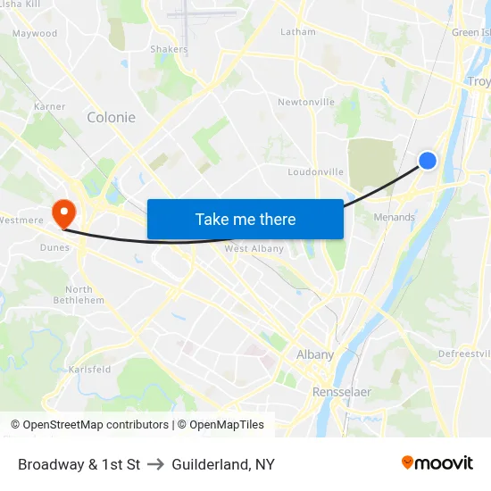 Broadway & 1st St to Guilderland, NY map