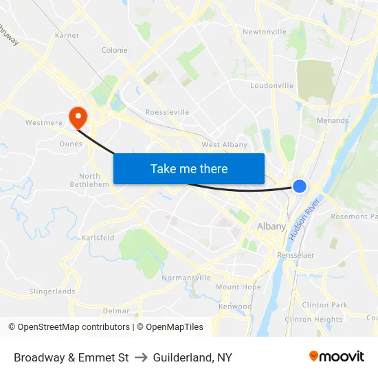 Broadway & Emmet St to Guilderland, NY map