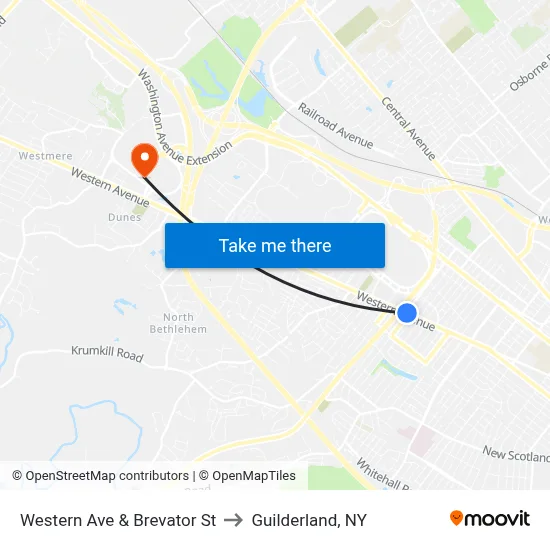 Western Ave & Brevator St to Guilderland, NY map