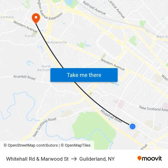 Whitehall Rd & Marwood St to Guilderland, NY map