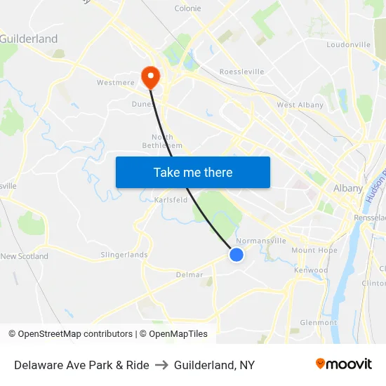 Delaware Ave Park & Ride to Guilderland, NY map