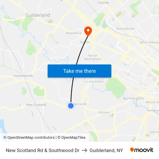 New Scotland Rd & Southwood Dr to Guilderland, NY map