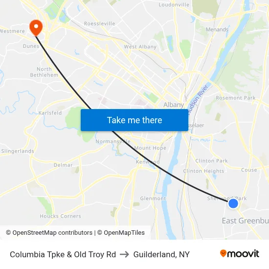 Columbia Tpke & Old Troy Rd to Guilderland, NY map
