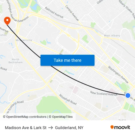 Madison Ave & Lark St to Guilderland, NY map