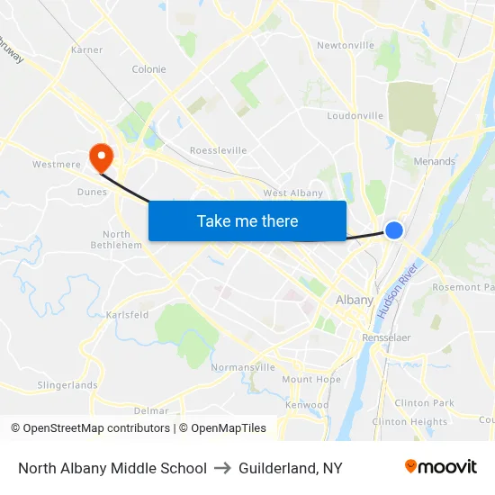North Albany Middle School to Guilderland, NY map
