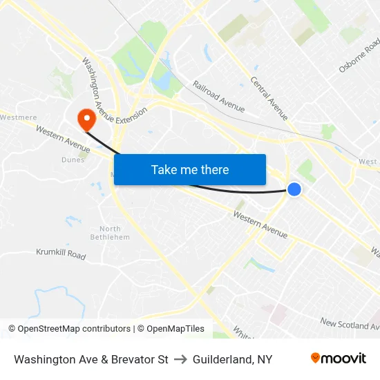 Washington Ave & Brevator St to Guilderland, NY map
