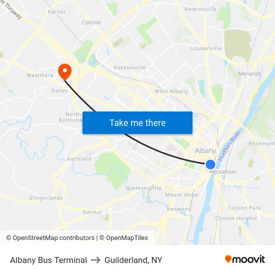 Albany Bus Terminal to Guilderland, NY map