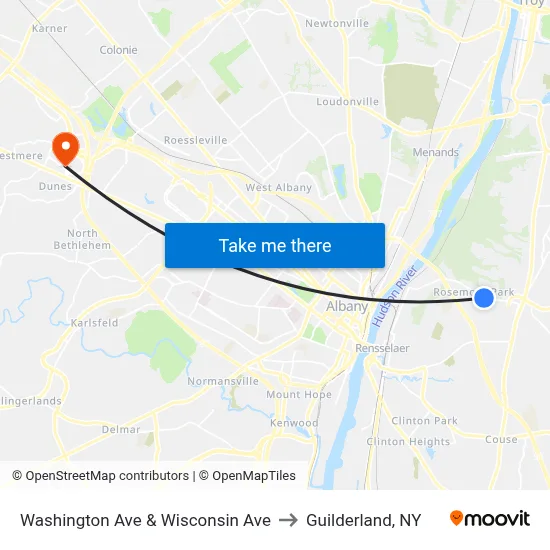 Washington Ave & Wisconsin Ave to Guilderland, NY map
