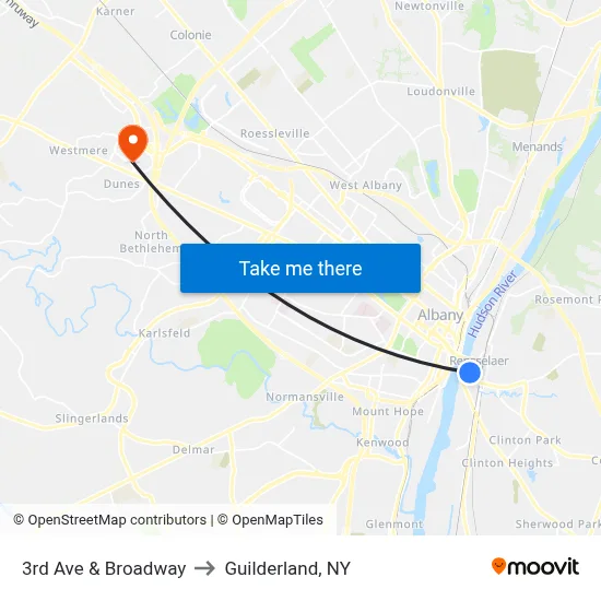 3rd Ave & Broadway to Guilderland, NY map