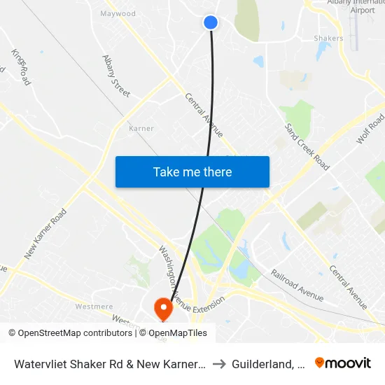 Watervliet Shaker Rd & New Karner Rd to Guilderland, NY map