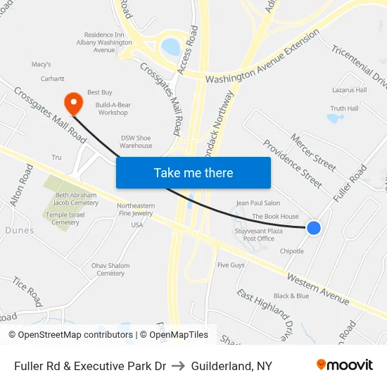 Fuller Rd & Executive Park Dr to Guilderland, NY map