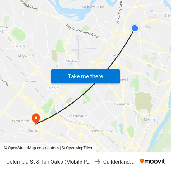 Columbia St & Ten Oak's (Mobile Park) to Guilderland, NY map