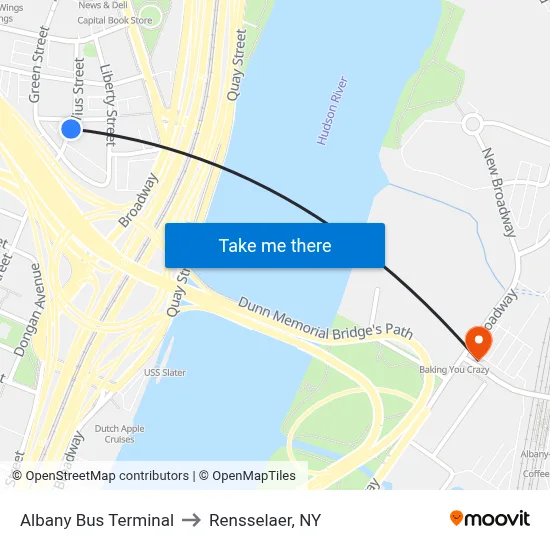 Albany Bus Terminal to Rensselaer, NY map