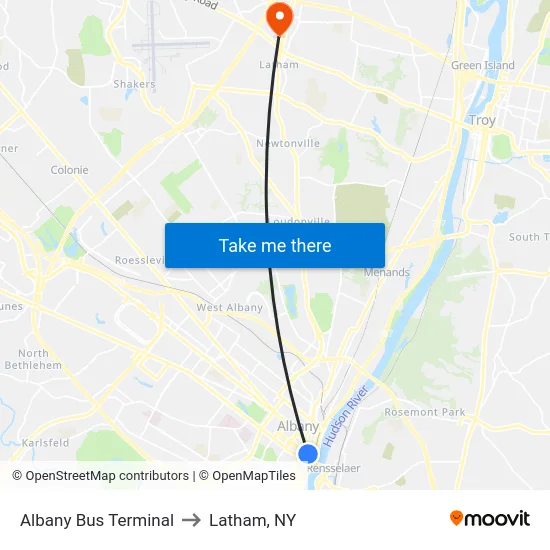 Albany Bus Terminal to Latham, NY map
