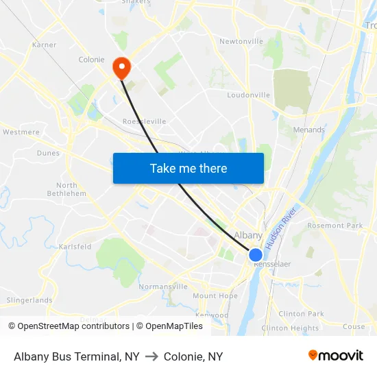 Albany Bus Terminal, NY to Colonie, NY map