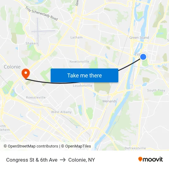 Congress St & 6th Ave to Colonie, NY map