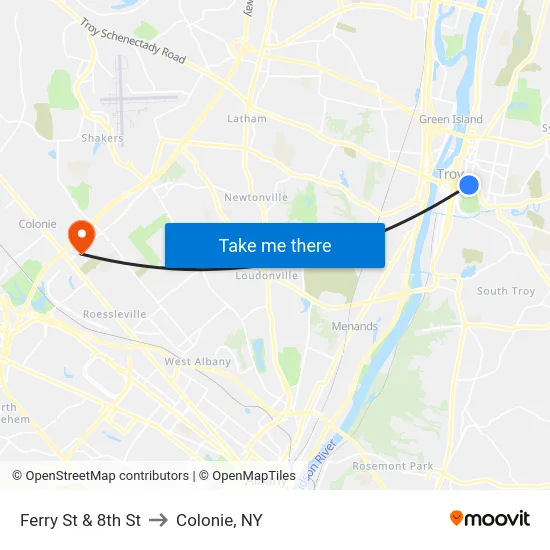 Ferry St & 8th St to Colonie, NY map