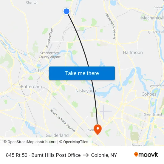845 Rt 50 - Burnt Hills Post Office to Colonie, NY map