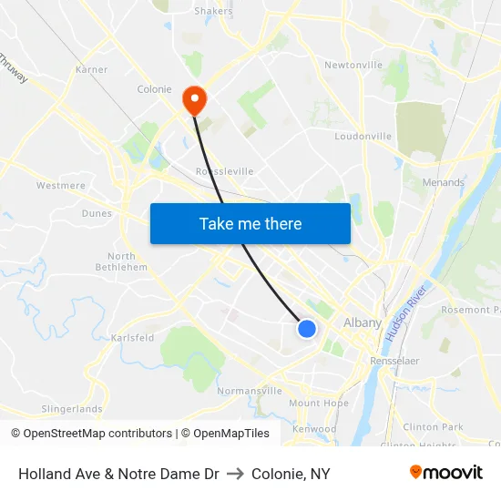Holland Ave & Notre Dame Dr to Colonie, NY map