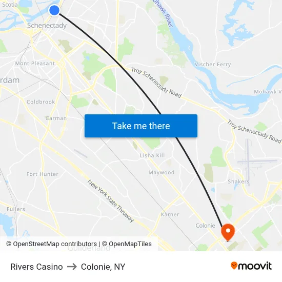 Rivers Casino to Colonie, NY map