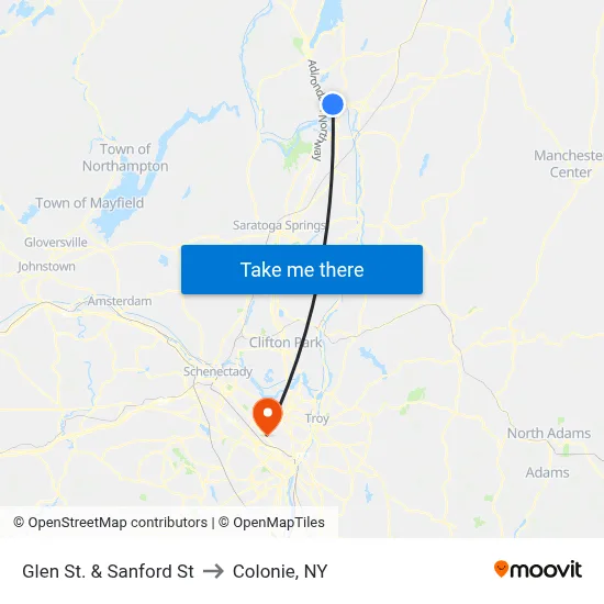 Glen St. & Sanford St to Colonie, NY map