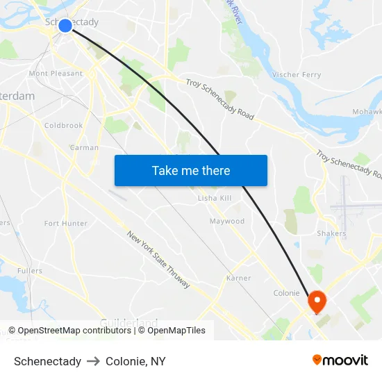 Schenectady to Colonie, NY map