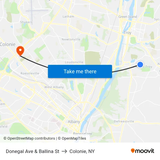Donegal Ave & Ballina St to Colonie, NY map
