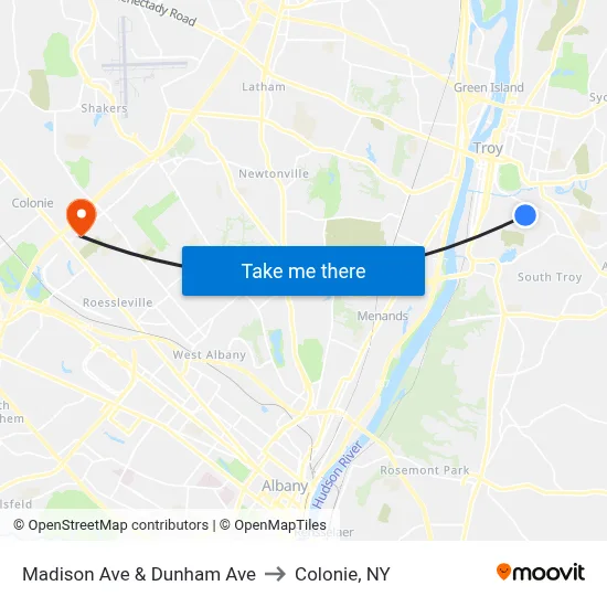 Madison Ave & Dunham Ave to Colonie, NY map