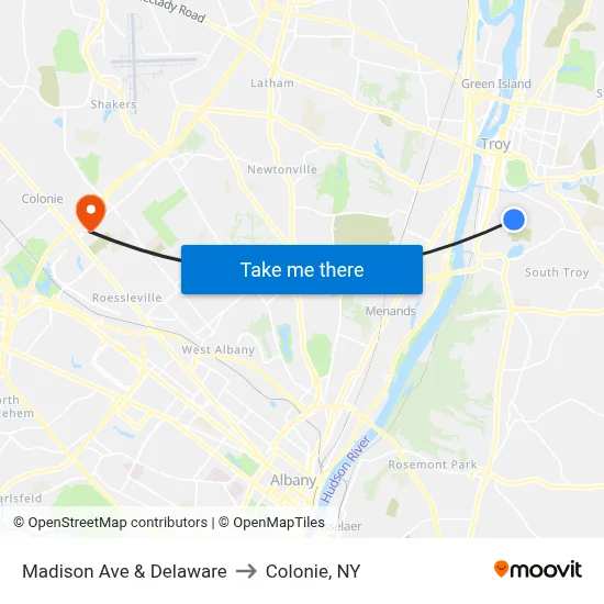 Madison Ave & Delaware to Colonie, NY map