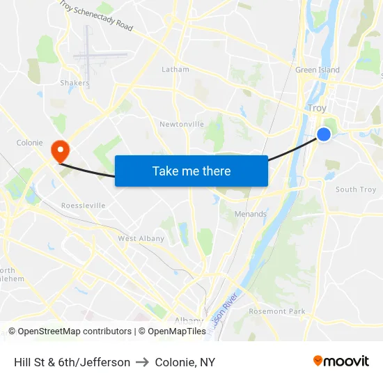 Hill St & 6th/Jefferson to Colonie, NY map