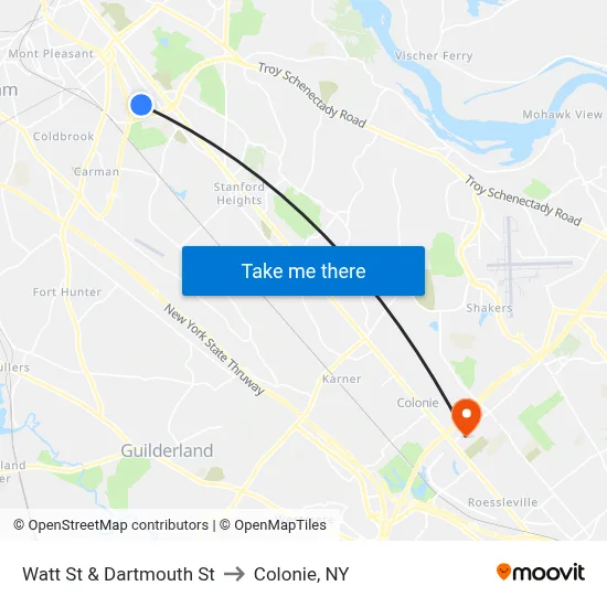 Watt St & Dartmouth St to Colonie, NY map
