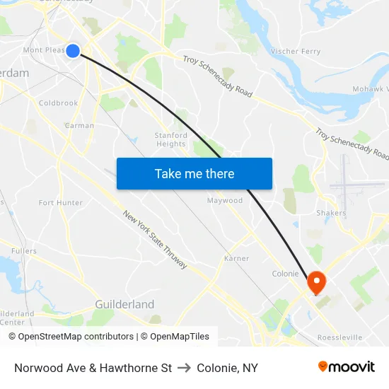 Norwood Ave & Hawthorne St to Colonie, NY map