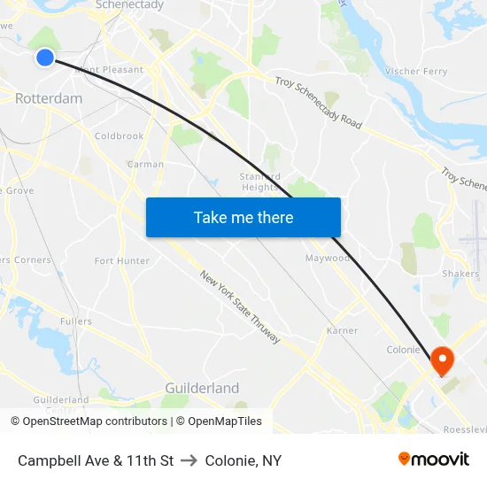 Campbell Ave & 11th St to Colonie, NY map