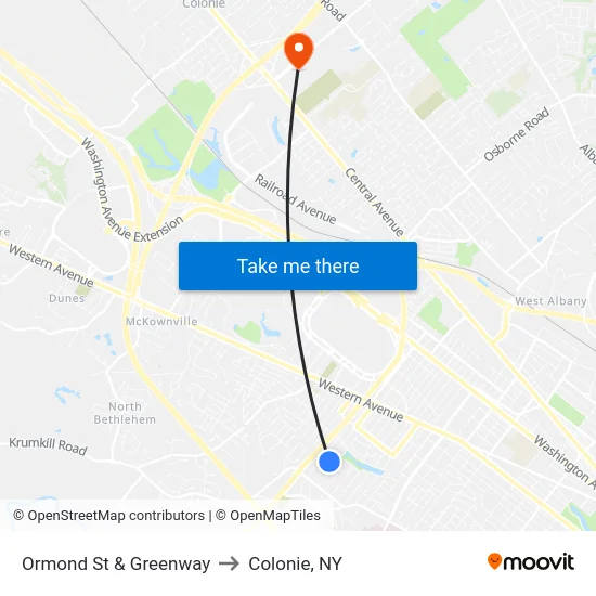 Ormond St & Greenway to Colonie, NY map