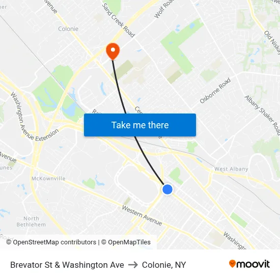 Brevator St & Washington Ave to Colonie, NY map