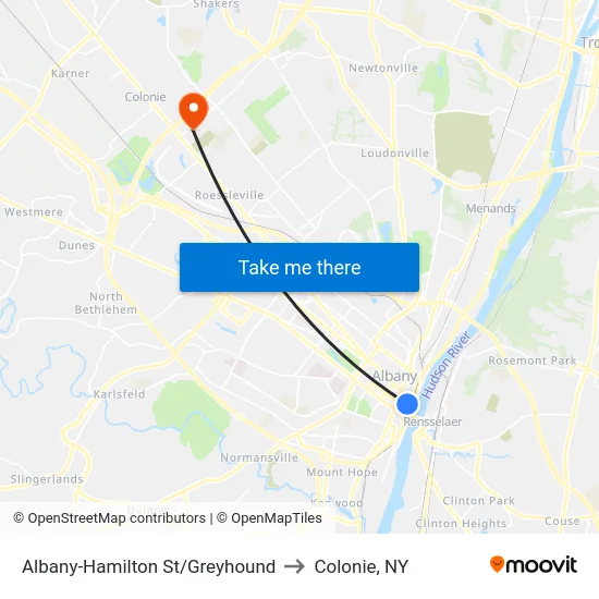 Albany-Hamilton St/Greyhound to Colonie, NY map