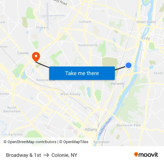 Broadway & 1st to Colonie, NY map