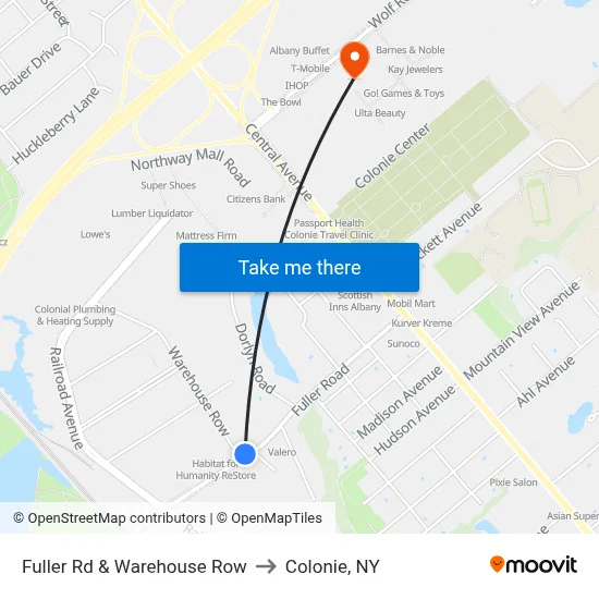 Fuller Rd & Warehouse Row to Colonie, NY map