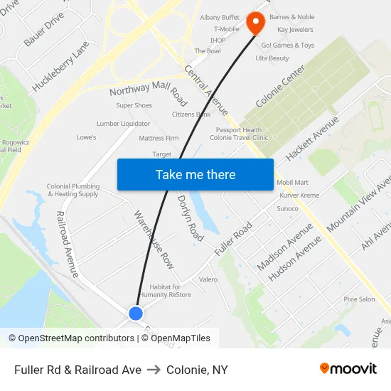 Fuller Rd & Railroad Ave to Colonie, NY map