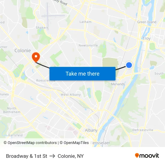 Broadway & 1st St to Colonie, NY map