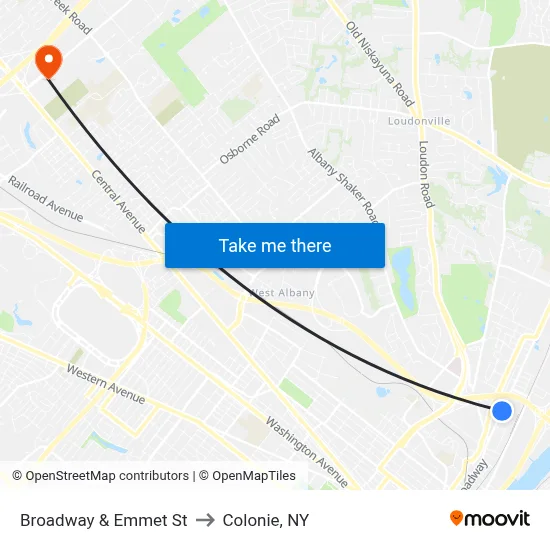 Broadway & Emmet St to Colonie, NY map