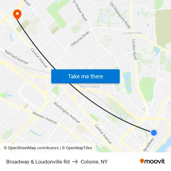 Broadway & Loudonville Rd to Colonie, NY map