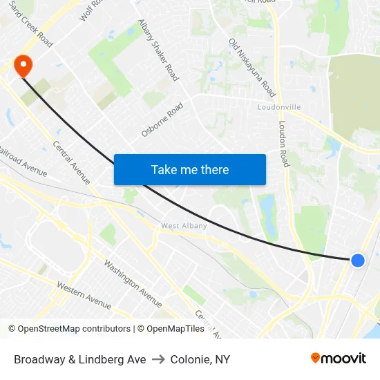 Broadway & Lindberg Ave to Colonie, NY map