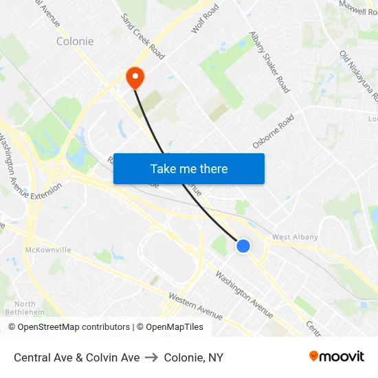 Central Ave & Colvin Ave to Colonie, NY map