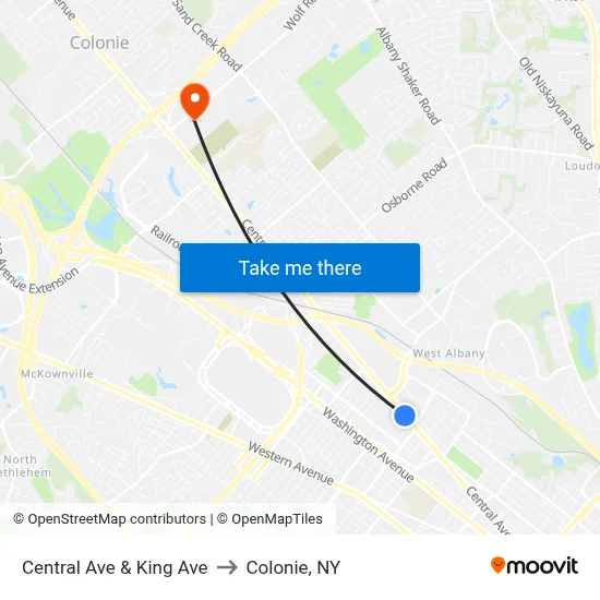 Central Ave & King Ave to Colonie, NY map