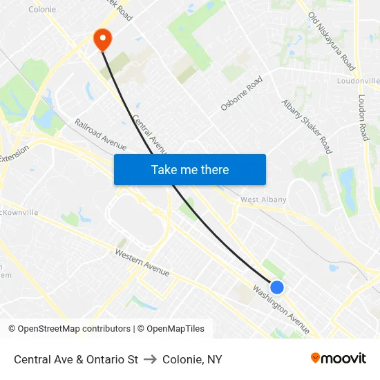 Central Ave & Ontario St to Colonie, NY map