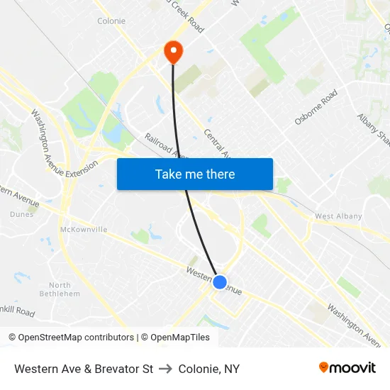 Western Ave & Brevator St to Colonie, NY map